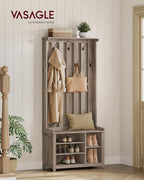VASAGLE Hall Tree with Bench and Shoe Storage, Coat Rack with Shoe Bench, 7 Double Hooks for Jackets, Hats, Entryway, Bedroom, Living Room, 13.8 x 31.9 x 70.9 Inches, Heather Greige UHSR414G01 - color: Heather Greige