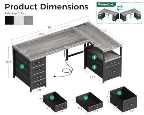 Coleshome L Shaped Computer Desk with 6 Drawers & Power Outlet, 55 Inch Corner Desk with Reversible Storage Shelf & File Drawer, Home Office Desk, Grey Oak - color: Grey Oak, size: 55 Inch