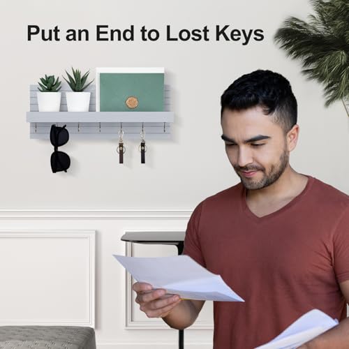 Lwenki Decorative Key Holder for Wall with Shelf, Entryway Shelf with Hooks Holds Leashes, Jackets and Glasses – Sturdy Wood Keyholder Entrance Hanger with Mounting Hardware (Gray, Large) - color: Gray, size: Large