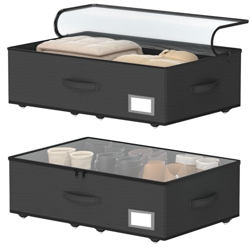 EE-RoomWorld Underbed Storage Bins with Wheels, No Assembly Required - 7.5 inch height Black Large Capacity Rolling Underbed Containers for Shoes, Dorm under bed storage drawers - color: Black, size: 7.5 inch height