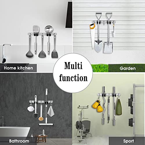 2 Racks and 3 Hooks Broom and Mop Holder Wall Mounted Garage Organizer Storage Tool Racks Stainless Steel Heavy Duty Hooks Self Adhesive Solid Non-slip Wall Hangers for Home Kitchen Garden Laundry - color: 2 Racks & 3 Hooks (Silver) - 1 Pack