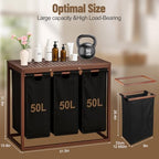 Bamboo Laundry Hamper 3 Section with Lid, 150 L Laundry Sorter with Pull-Out Removable Washable Bags, 3 × 12.5 Gal Divided Laundry Baskets for Laundry Room, Bathroom (Black)