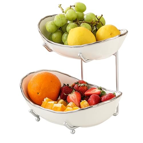 2 Tier Ceramic Fruit Bowl for Kitchen Counter, Tiered Fruit Basket for Countertop, Modern Multi Layer Fruit Display Stand for Party, Cute (Silver-rimmed, Small) - color: Silver-rimmed, size: Small