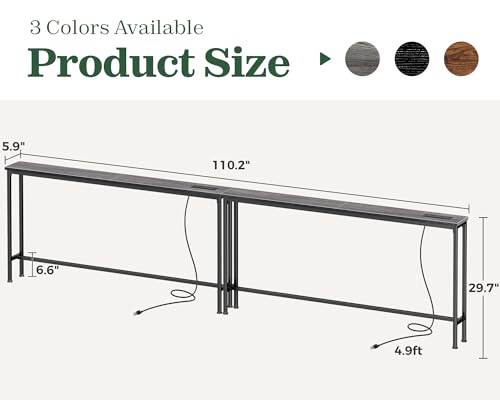 SUPERJARE 110.2 Inch Sofa Table with Power Outlets and USB-C Ports, 5.9 Inch Narrow Console Tables, Entryway Hallway Couch Tables with Storage, Behind Sofa, Small Spaces, Living Room, Charcoal Gray - color: Charcoal Gray, size: 5.9''D x 110.2''W x 29.7''H
