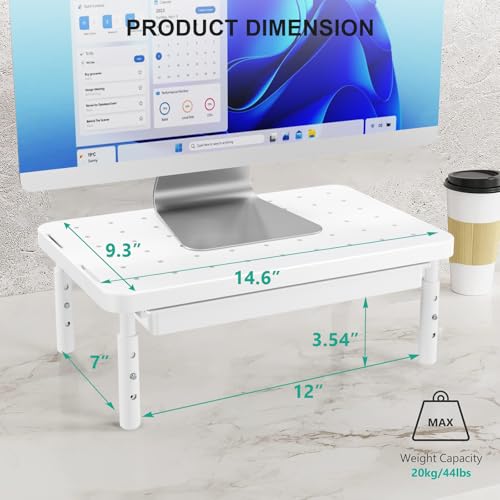 WALI Computer Monitor Stand with Storage, Desk Monitor Riser 3 Height Adjustable, Laptop Riser with Airflow Vents, Desk Organizer for Computer, Laptop, Printer (PTT002-W), 1 Pack, White - color: White, size: with Drawer