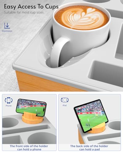 Couch Cup Holder Tray - Couch Organizer Caddy, Silicone Beach Caddy with Cup Holder, Sofa and Bed Drink Holder and Couch Tray Table for Snacks Beverage Remote (Gray) - color: Gray