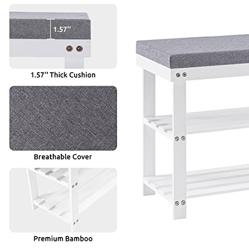Apicizon 3-Tier Shoe Rack for Entryway, Bamboo Shoe Bench with Cushion Padded Seat, Small Shoe Organizer with Storage for Indoor Entrance Hallway Bedroom Living Room, White - color: White, size: 27.6 Inches With Cushion