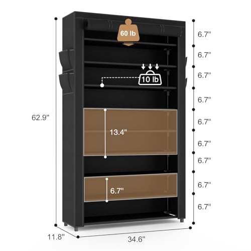 VILICK Shoe Rack with Cover Narrow Shoe Organizer with Pockets 10 Tier Tall Shoe Storage Holds 36-41 Pairs Shoes and Boots Shoe Rack for Closet Entryway Garage, Black - color: Black, size: 10 Tiers-34.6" Wide