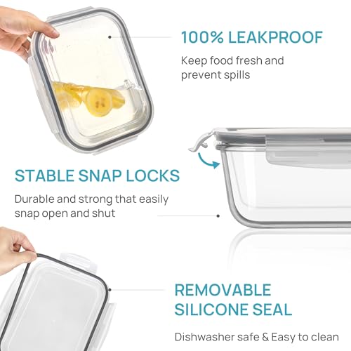 Vtopmart 2.26L/76oz Extra Large Glass Food Storage Containers with Lids, 6 pack Meal Prep Container Set, Airtight Lunch Boxes with Snap Locking Lids for Microwave, Oven, Freezer, Dishwasher - size: 6pack mixed sizes