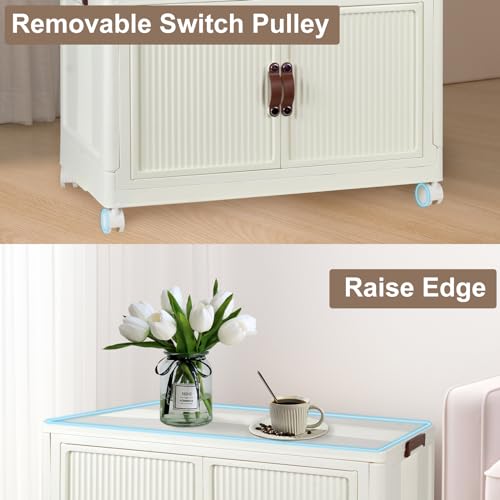 FozsKeylf Stackable Closet Storage Bins, Collapsible Clothes Organizers, Portable Wardrobe Closet with Lids and Doors, Movable Clothes Storage with Coat Hangers, White