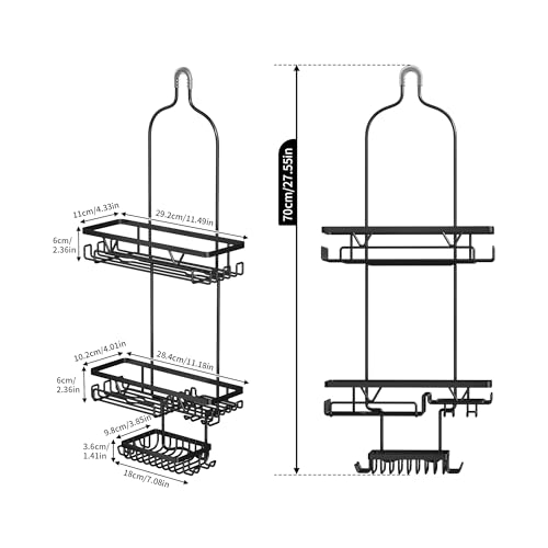 DAOYA Shower Caddy Hanging, Anti-Swing Over Head Shower Caddy, Rustproof Bathroom Organizer with Soap Holder & Hooks - color: Black, size: L