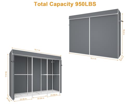 ULIFHOME E14C Pro Heavy Duty Closet Organizer System，Freestanding Clothing Racks for Hanging Clothes，Adjustable Garment Rack 70.1"W × 16.6"D × 76.4"H Hold 960 lbs，White Rack with Grey Dustproof Cover - color: White Rack With Grey Cover