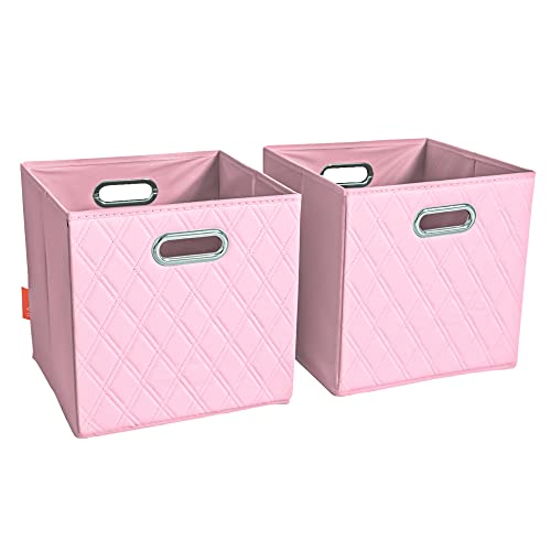 FH Group JIAessentials 11" Faux Leather Foldable Storage Cube Bins Set of 2 – Pink Diamond Patterned Organizers with Handles for Closet & Shelves - color: Pink, size: Small