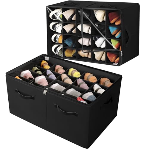 TOPIA HOME Shoe Organizer for Closet 2 Pack, Foldable Shoe Box with Adjustable Divider and Clear Cover, Space Saving Shoe Storage Organizer Cabinet with Reinforced Handles, Fits 40 Pair, Black, TP11B - color: Black-2Pack, size: Extra Large(26.5''L x 16.54