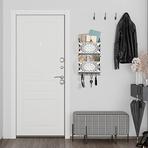 2-Slot Mail Organizer Wall Mount with 4 Hooks, Rustic Key and Mail Holder for Home Decorative, Wooden Key Hangers Wall File Organizer Letter Sorter for Letter Magazines - size: Medium