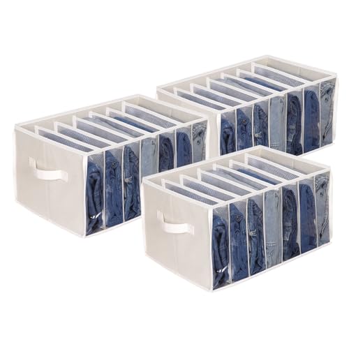 Zilink Upgraded Wardrobe Clothes Organizer with Support Board Clear Jean Organizers for Closet with 7 Grids Divider Extra Large Sweater Organizer for Closet for Jean Pant Sweaters T-Shirt,3 Pack,Beige - color: Beige - For Jeans