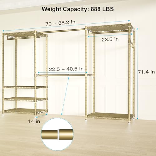 Ulif E1 Heavy Duty Closet Garment Rack, 6 Tiers Adjustable Metal Freestanding Expandable Clothing Storage with 4 Hanger Rods, Easy to Assemble Wardrobe, 71.4" H x (70" - 88.2") L x 14" D, Gold - color: Gold