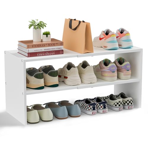 White Shoe Rack Organizer for Closet, 2-Tier Expandable Shoe Shelf, Stackable Iron Wood Combination Small Shoe Racks Shelves for Closets, Entryway,Small Space,Hallway,Bedroom,Bathroom,6-12 Pairs - color: White, size: 1 Pack (2 Tier)