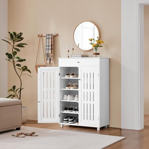 Yaheetech Shoe Cabinet, 5-Tier Shoe Rack Organizer with 1 Drawer, Freestanding Wooden Shoe Storage Cabinet with 2 Louvered Door & Adjustable Shelves for Entryway Hallway, White - color: White, size: 31 x 15 x 45.5''