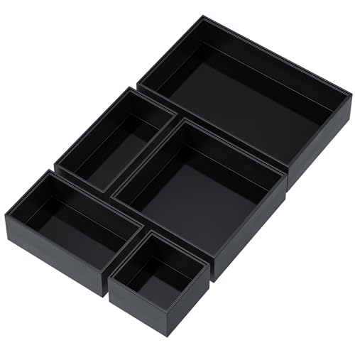 Bamboo Drawer Organizer Set, 5 PCS Multi-use Varied Sizes Junk Drawer Organizer Kitchen Storage Box for Office, Home, Bedroom, Bathroom, Black - color: Black, size: 5 PCS