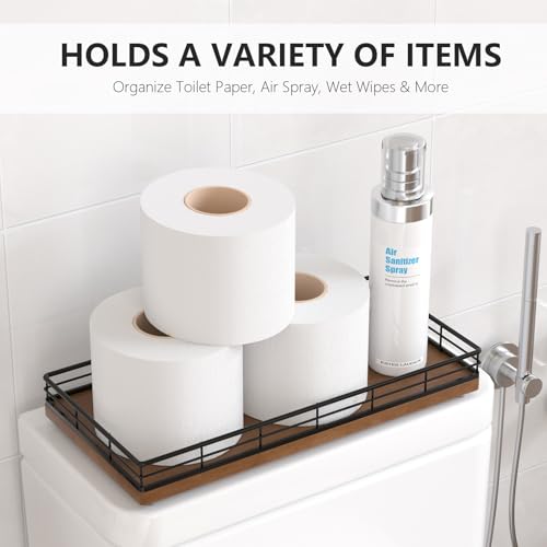 Toilet Paper Basket Organizer – Oak Wood Toilet Tank Tray with Metal Frame, Bathroom Counter Top Storage for Toilet Paper, Wipes & Decor, Modern Narrow Back of Tank Shelf Organizer, Black & Brown - color: Black & Brown, size: 13" x 6.5" x 2"