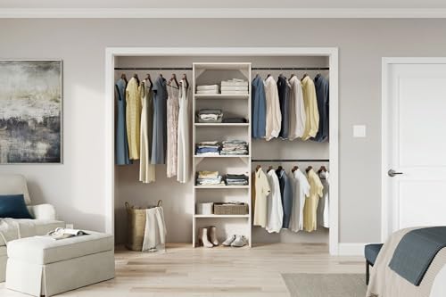 ClosetMaid SuiteSymphony Wood Closet Organizer Kit with Tower, (3) Hang Rods, (5) Shelves (2-Adjustable), Fits Spaces 5-10 ft. Wide, White Timber - style: White Timber Finish