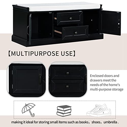 P PURLOVE Rustic Wood Storage Bench With 2 Cabinets and 2 Drawers, Removable Cushion for Bedroom, Hallway, Entryway - Assembly Required - color: Black, size: with 2 Drawers and 2 Cabinets