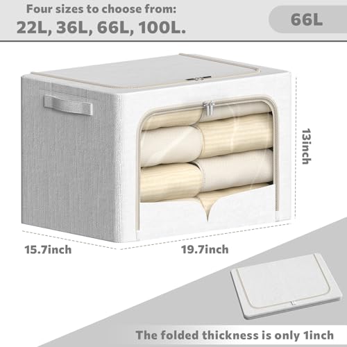 FHSQX 3 Pack Clothes Storage Bins - Foldable Metal Frame Storage Box - Stackable Linen Fabric Container Organizer Set with Carrying Handles and Clear Window (Cream White, 19.7x15.7x13inch(66L)) - color: Cream White, size: 19.7x15.7x13inch(66L)