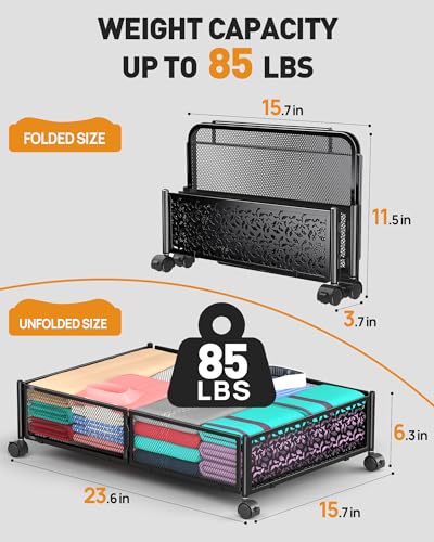 Under Bed Storage with Wheels, Foldable Pattern Carved Metal Under Bed Storage Containers, 60L Rolling Underbed Storage, Easy Assembly Under The Bed Storage for Shoes, Clothes, Blankets... - color: Black, size: 1 Pack