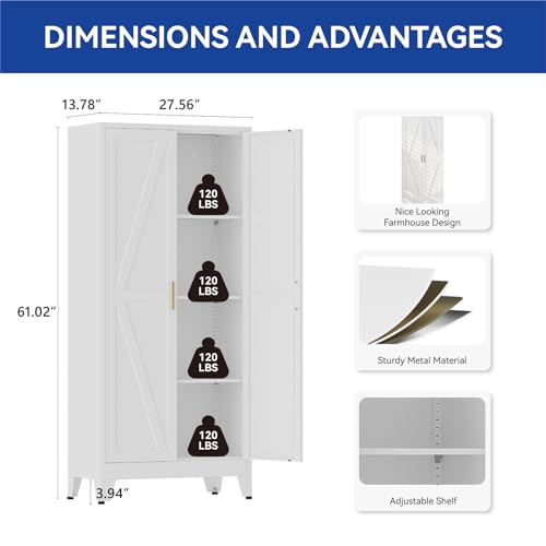 COFaR Metal Pantry Cabinet with Doors, Farmhouse 61'' Tall Storage Cabinet with 3 Adjustable Shelves, Kitchen Pantry Cabinet for Dinning Room, Laundry, Bathroom, Garage, White 4-Tier - color: White, size: 61 Tall 2 Doors-Farmhouse