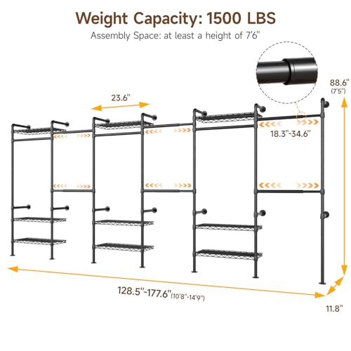 H6 Wall Mounted Closet System, Industrial Pipe Clothes Rack Clothing Racks with 6 Telescopic Rods & 3 Fixing Rods & 9 Shelves, Heavy Duty Closet Organizers and Storage in Wardrobe Closet (Black) - color: Black