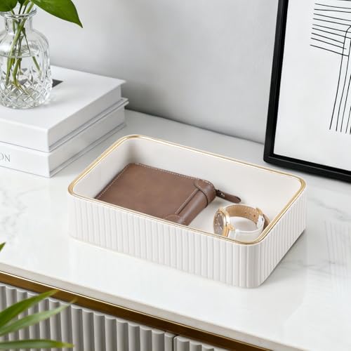 Desk Organizer Tray, PU Leather Nightstand Organizer Perfume Valet Tray for Men Women, Decorative Vanity Trays Trinket Dish Key Bowl for Entryway Table (Ivory, Small) - color: Ivory, size: 9.5" x 6" x 2.2"