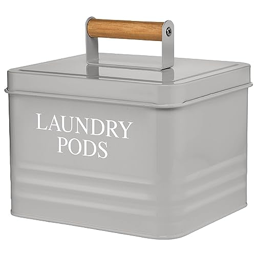 Calindiana Modern Farmhouse Metal Laundry Pods Holder Container with Lid for Laundry Room Decor and Accessories and Space Saving Laundry Room Organization and Storage, Holds 81 Laundry Pods, Grey - color: Grey