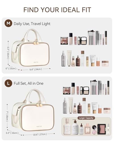 Prite Makeup Bag for Women, Large Capacity Waterproof Travel Cosmetic Organizer, Portable Open Flat Toiletry Bag with Free-standing Brush Holder and Handle(Beige Medium) - color: Beige, size: Medium