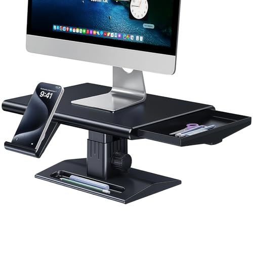 Computer Monitor Stand Riser,Height Adjustable Laptop Stand with Drawer & Phone Holder,Desktop Storage Stand for Printer,Desk Organizer for Office & Home Supplies