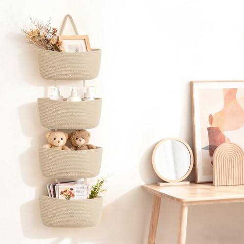 Dahey Over The Door Hanging Basket 4-Tier Woven Boho Wall Mounted Storage Organizer with Hooks for Bedroom Nursery Bathroom Apartments Dorm Pantry Decor, Jute - color: Jute, size: 4-Tier