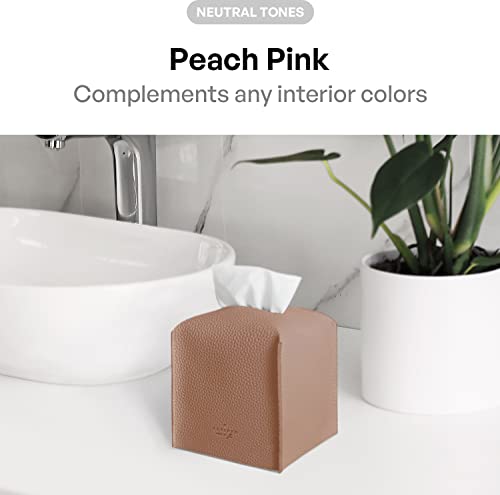 Carrotez Tissue Box Cover, [Refined] Modern PU Leather Square Tissue Box Holder - Decorative Holder/Organizer for Bathroom Vanity Countertop, Night Stands, Office Desk & Car 5"X5"X5" - Peach Pink - color: Peach Pink, size: [Square]