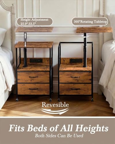 Faesun Swivel Lift Top Nightstand with Charging Station, Rolling Side Table for Recliner, Bedside Table with Wheels & 2 Fabric Drawers, for Small Spaces, for Bedroom, Living Room, Brown - color: Brown, size: 2 Drawers