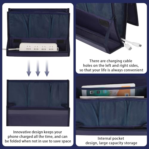 Bedside Storage Organizer with Power Strip Holder and Adjustable Straps Bed Hanging Bag for Home Bunk Bed Dorm Sofa (Navy Blue) - color: Navy Blue