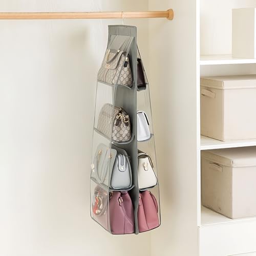 HAN SHENG 8 Pockets Clear Handbag & Purse Organizer Hanging Bag Storage - Space Saving Hanging Shelf for Closet, Wardrobe, Over Door (2 Pack, Grey) - color: Grey, size: 8 Pockets-2pcs