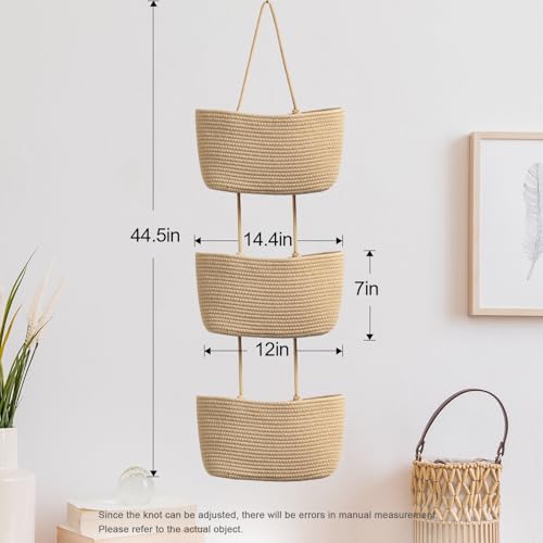 TeoKJ Over the Door Hanging Basket, 3-Tier Woven Cotton Wall-Mounted Storage Organizer Bag Decorative Hanging Nursery Baskets, Jute - color: Jute