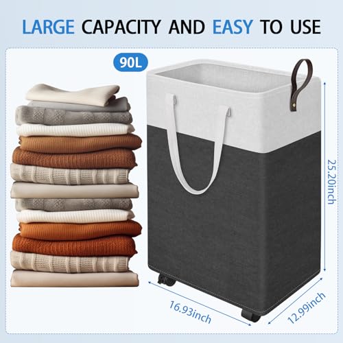 HomeHacks Laundry Basket with Wheels, Rolling Laundry Hamper, Collapsible & Waterproof Clothes Hamper, Narrow Corner Bins with Extended Handles in the Family & Dorm 90L(Grey) - color: Gray, size: 90L