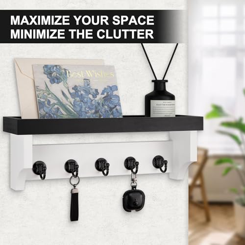 Key and Mail Holder Wall Mount, Key Holder with Shelf and Mail Organizer Wall Mount. Mail Holder with 5 Hooks for Coat, Dog Leash, Home Decor Rack, Entry Way Organizer (Black & White) - color: Black & White