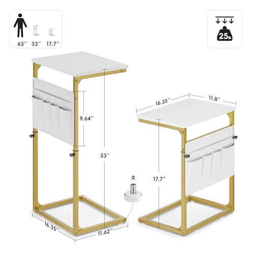 Vagusicc C Shaped End Table, 33'' Tall Side Table for Couch, Adjustable Height Small Couch Side Table for Small Spaces, C Table End Table Slide Under Sofa Table TV Tray Arm Table for Living Room - color: Golden