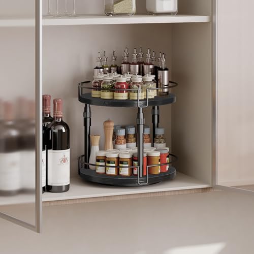 HOOBRO Lazy Susan Organizer Spice Rack, 2-Tier Height Adjustable Rotating Lazy Turntable Spice Organizer, for Kitchen Countertop and Cabinet, Black BB05TL01 - color: Black