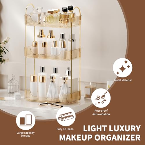 YCIA&DONE Bathroom Organizer Countertop, Makeup Storage, Skincare Cosmetic Tray Shelf, Perfume Holder Rack for Vanity Counter, Large Capacity, Easy to Install, Clean, 3 Tiers, Amber Gold - color: Amber Gold, size: 3-Tier