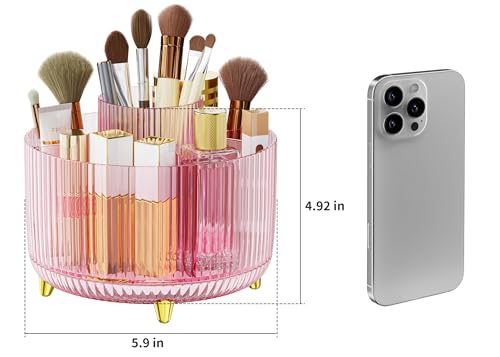 Clear Rotating Makeup Organizer Countertop for Vanity, 360° Makeup Brush Holder Organizer with 5 Compartments, Transparent Cosmetic Storage for Lipstick, Skincare, Bathroom Counter (Transparent Pink) - color: Transparent Pink