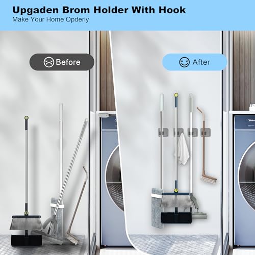 2 Pack Broom Holder Wall Mount, 304 Stainless Steel Mop Organizer with Hooks, No Drill Adhesive and Screw Installation, Rust Proof Storage Rack for Garage, Laundry, Garden, Silver - color: A-Silver, size: 2PCS Gripper
