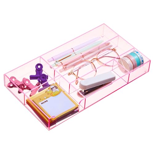 Briwooody Translucent Pink Acrylic Desk Drawer Organizer 11 x 6.1 x 1.38 Inch Storage Tray Organizer for Pens, Stationery, Desktop, Office, Bathroom, Kitchen, Makeup Supplies (6 Compartments) - color: Translucent Pink, size: 11 x 6.1 x 1.38 Inch, style: 6