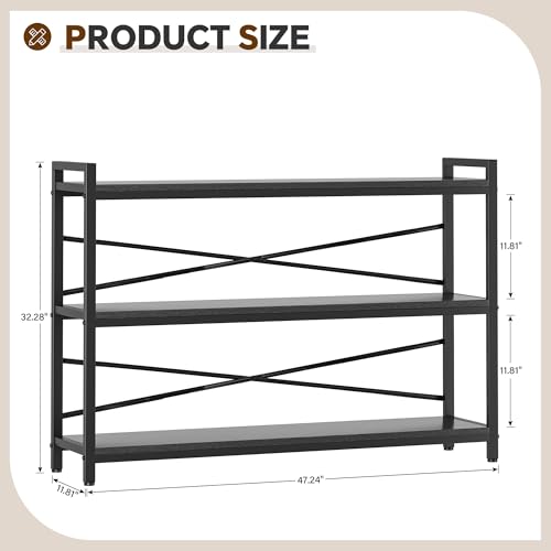 3 Tier Bookcase 47.24" Width, Long Industrial Book Shelf, Vintage Wooden Large Book Shelf for Home Living Room Bedroom Office Storage(Black) - color: Black, size: 3 Tier - 47.2" W